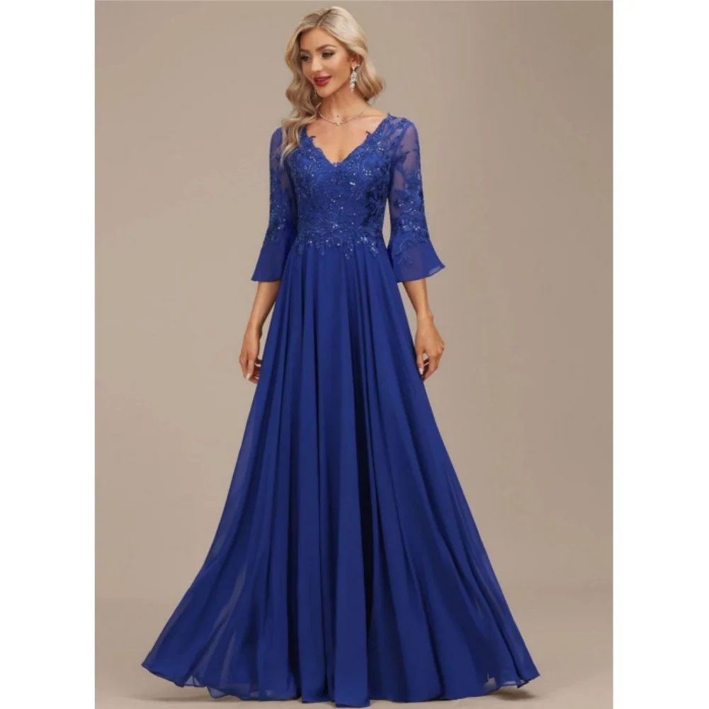 Women's V Neck 3/4 Sleeve Mother of The Bride Dresses Lace Chiffon A-Line Formal Evening Gowns Floor Length
