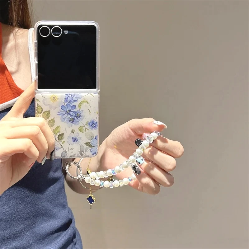 

Для Samsung Galaxy Z Flip 7 FE 6 5 4 3 Браслет со свежим синим цветком и жемчугом Противоударный чехол для Samsung Z Fold 4 5 6 7