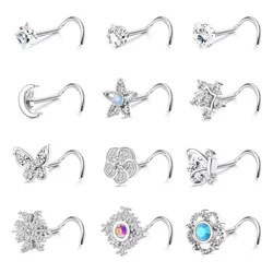 CASSIECA 1Pc 20G Stainless Steel Nose Rings Stud for Women Screw L Shaped Nose Studs CZ Moon Star Snowflake Flower Nose Piercing