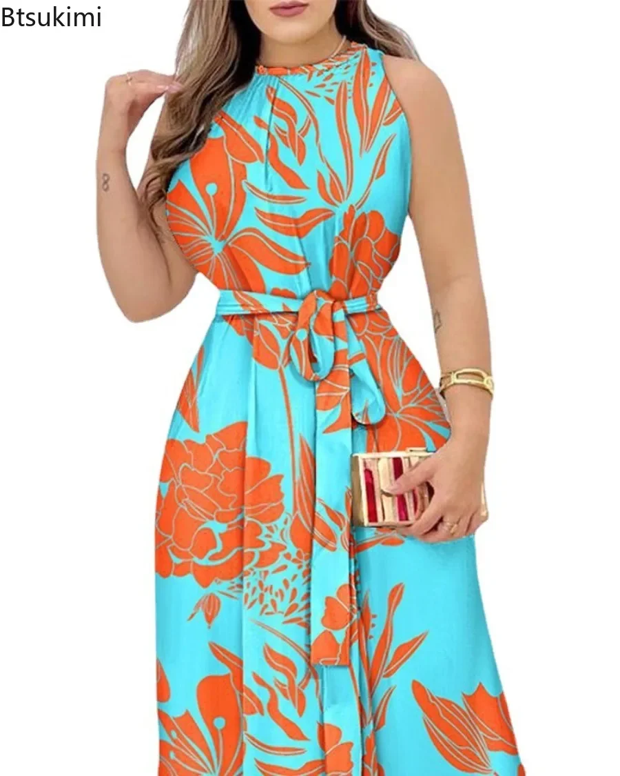 2024 Women\'s Elegant Floral Print Long Dresses Spring Summer Lace up Print Strap Dress Holiday Beach Female Robe Vesido Mujer