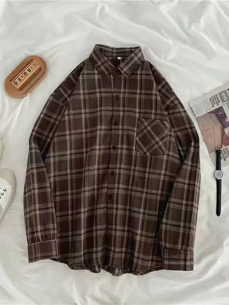Vintage Women Plaid Shirts Autumn Long Sleeve Oversize Button Up Tops Korean Loose Casual Fall Outwear Femme Shirts 2024
