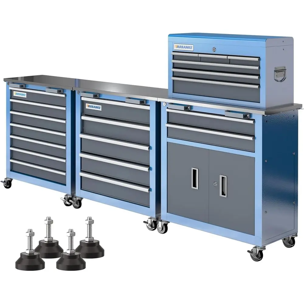 

3-Section Stainless Steel Rolling Tool Chest with Countertop, Buckle, Wheels, and Pads, Portable Box Inside