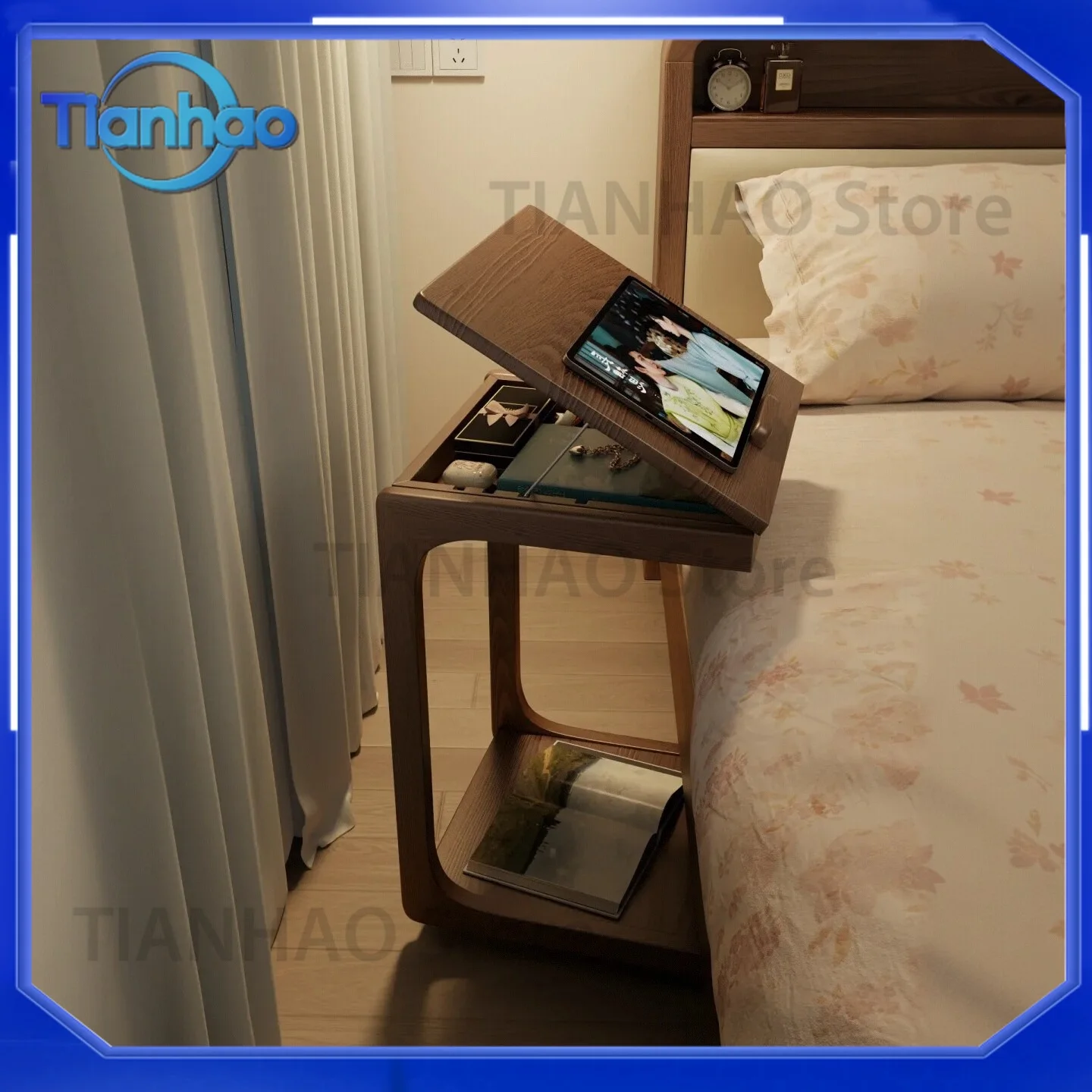 C-Shaped Small Side Table with Wheels for Living Room Bedroom Mobile Bedside Table for Small Spaces Solid Wood End Table for