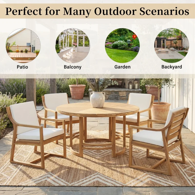 Modern Backyard Garden 5-Piece Dining Set Light Teak Wood Umbrella Hole Outdoor Furniture Set for Patio