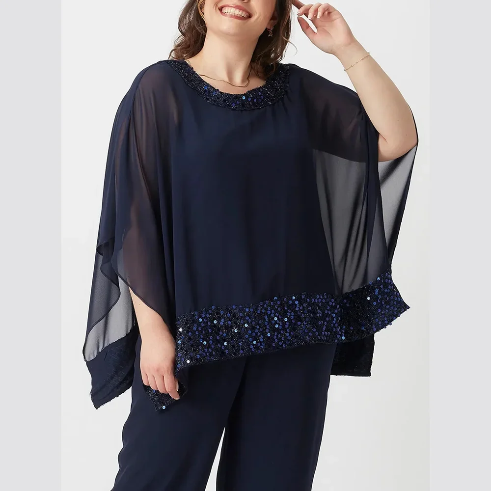 

Women Plus Size Split Chiffon Blouse Elegant Crew Neck Mesh Patchwork Sequins Summer Top Loose Party Casual Solid Female Blouses