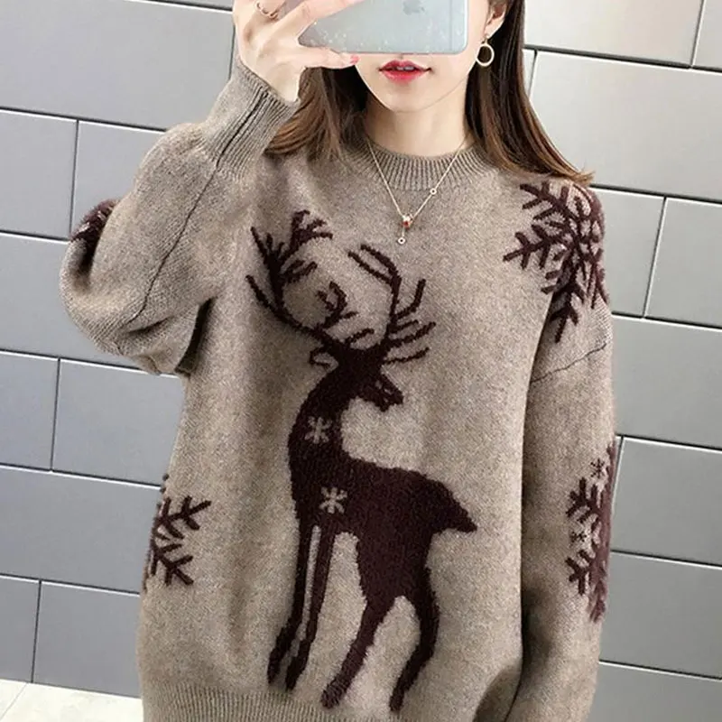 2023 Herbst Winter neue Cartoon Weihnachten Elch lässig gestrickte Pullover pendeln elegante einfarbige dicke warme schicke O-Neck-Pullover