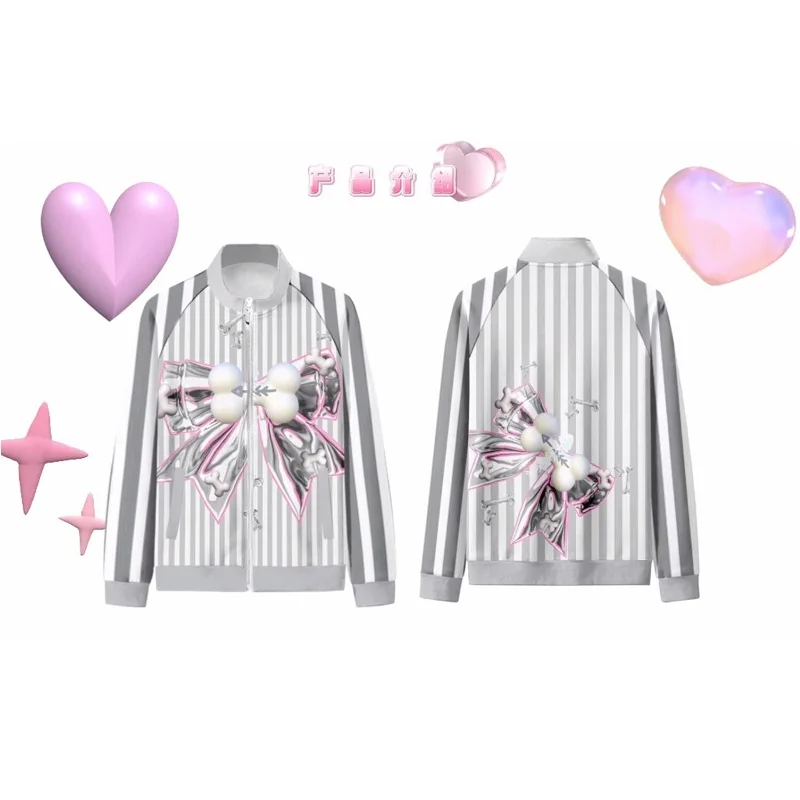 Harajuku Y2k Bow Bone Print Zipper Stand Collar Long Sleeve Coat Women's Autumn Loose Sportswear Sweatshirt Jacket Streetwear