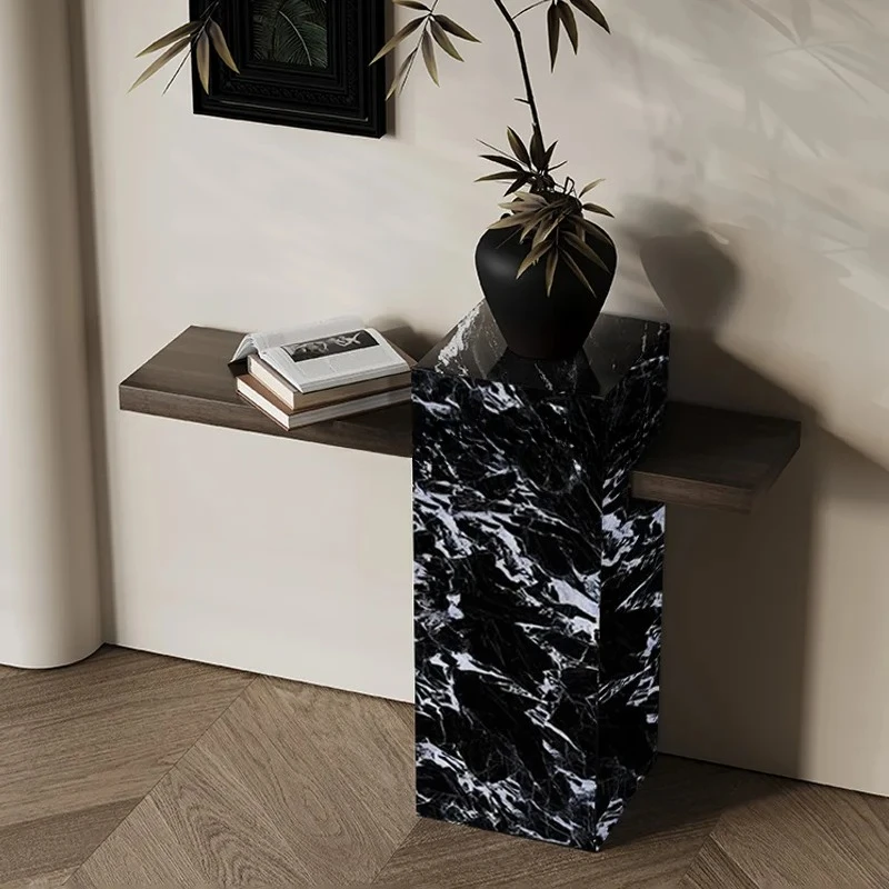 style against the wall, living room end view table, narrow strip case, retro marble entrance cabinet
