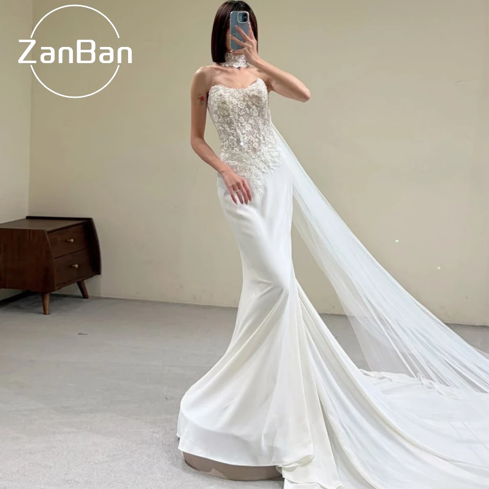 ZanBan Elegant Satin Beaded Lace Strapless Wedding Dress Mermaid Scarf Sleeveless Court Train Pleat Design 2026 New Customized