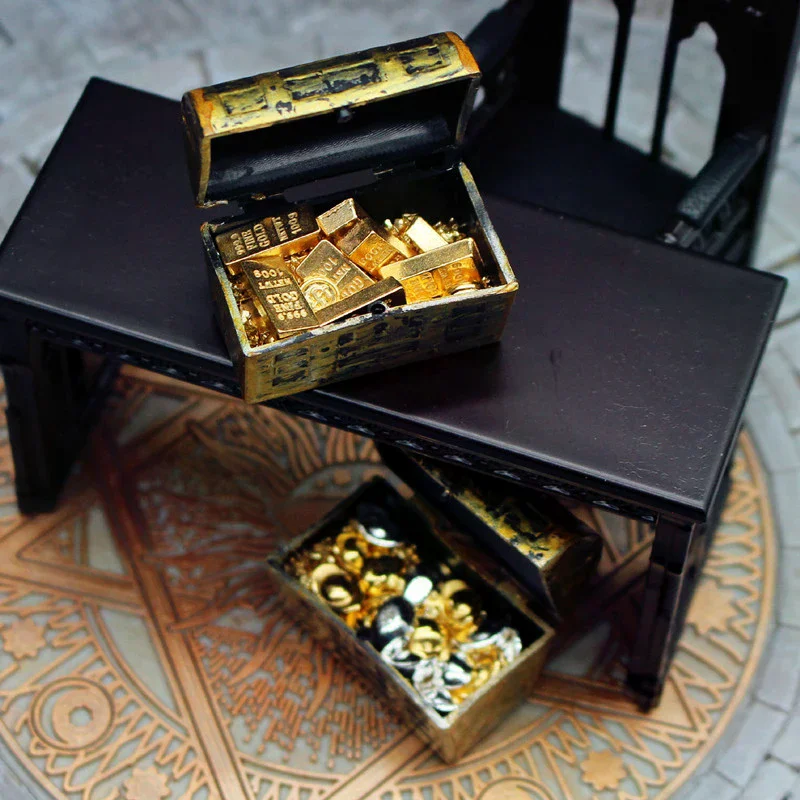 1 Juego de casa de muñecas 1:12, Mini Cofre del Tesoro, barra dorada, modelo de moneda, casa de muñecas, decoración de microescena, juguetes para jugar a las casitas para niños