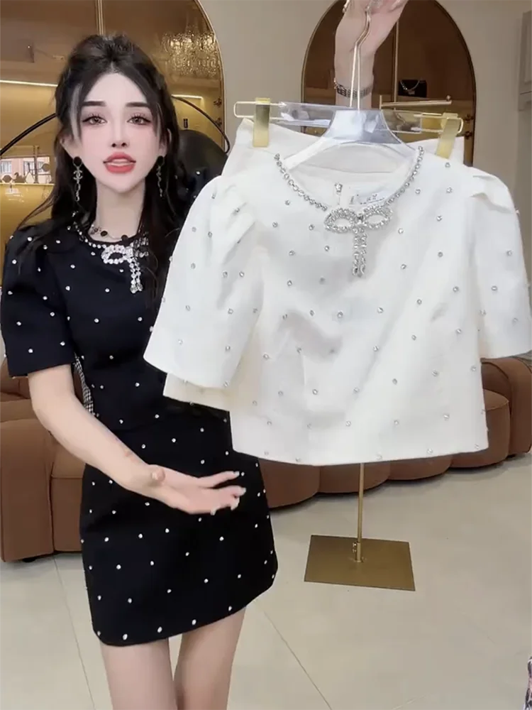 2024 new heavy industry diamond inlaid bubble sleeve short sleeved+short skirt two-piece set