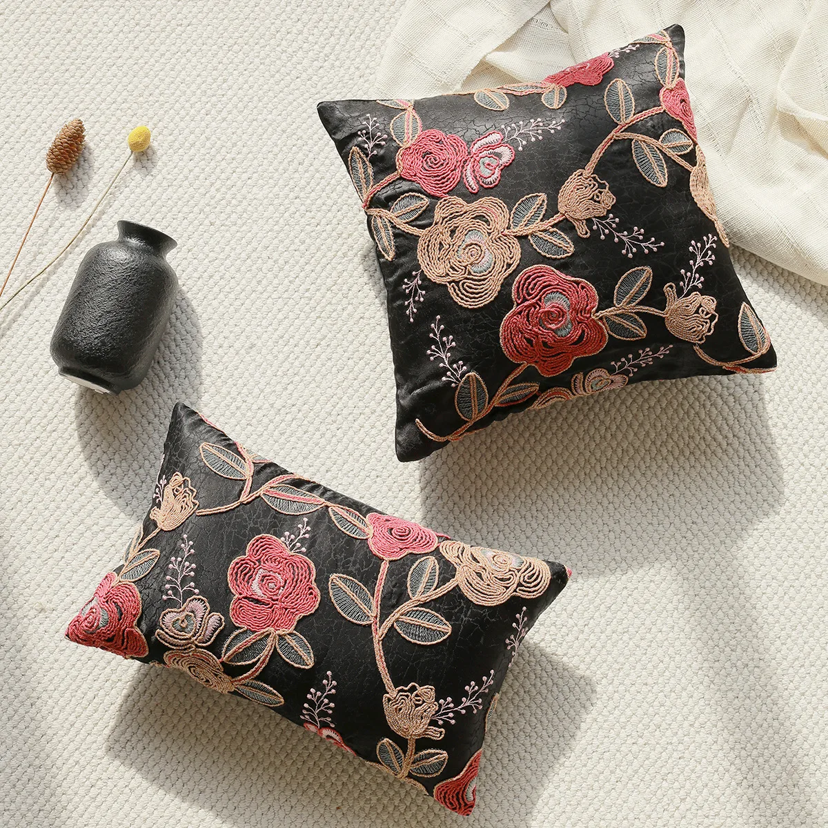 

Luxury Exquisite Embroidered Floral Cushion Case Black 3D Handmade Vintage Elegant Decorative Pillow Covers for Sofa Home Decor