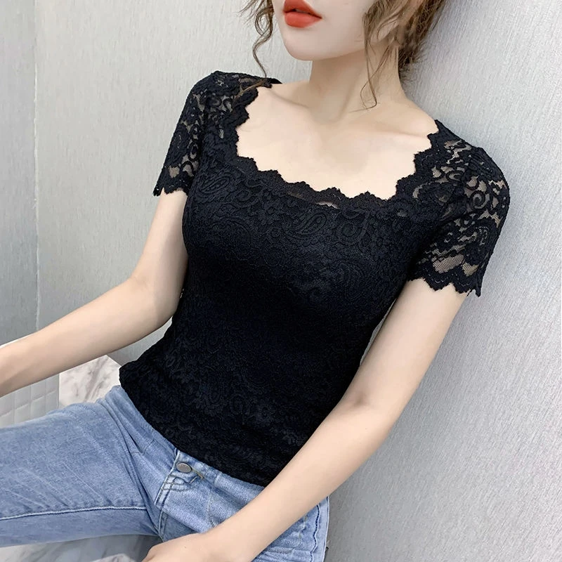 Lace square collar short-sleeved top for women summer