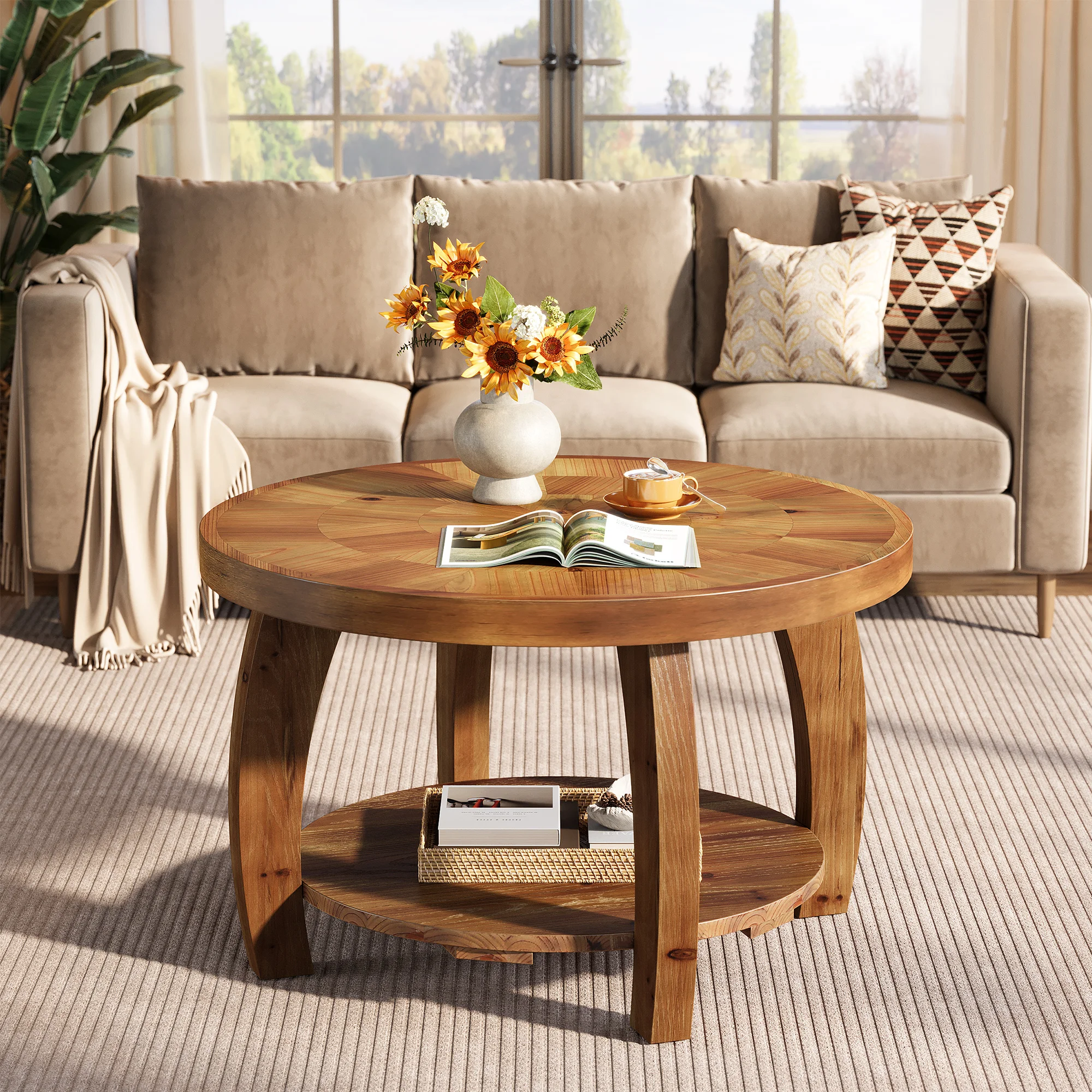 # 31.5 Inch Solid Wood Round Coffee Table 2 Tier Center Table With Storage Mosaic Pattern Easy Assembly Living Room Brown