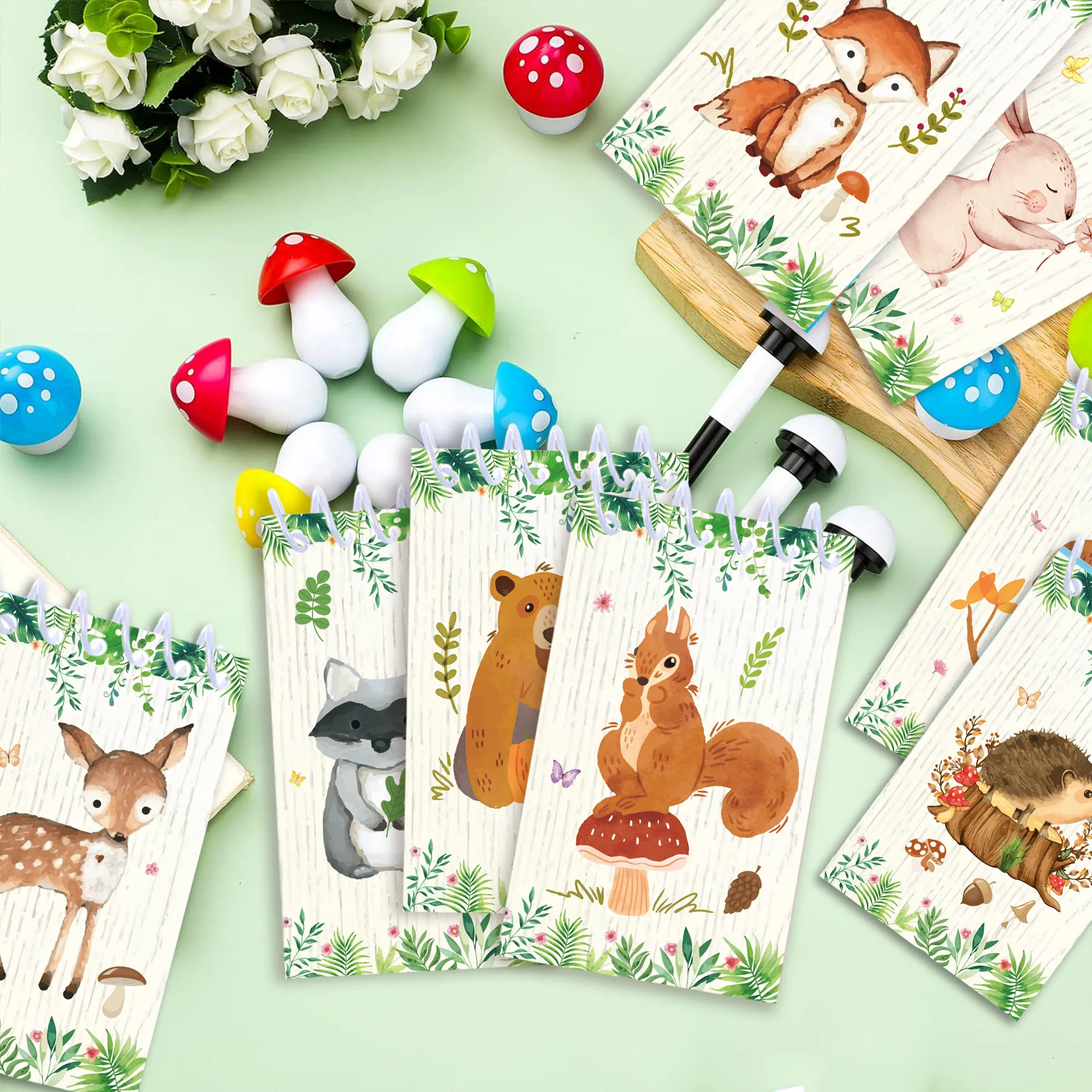 8/16/24pcs Woodland Party Small Spiral Notebook Jungle Wild Animals Print Pocket Notepad for Birthday Party Gifts Giveaways