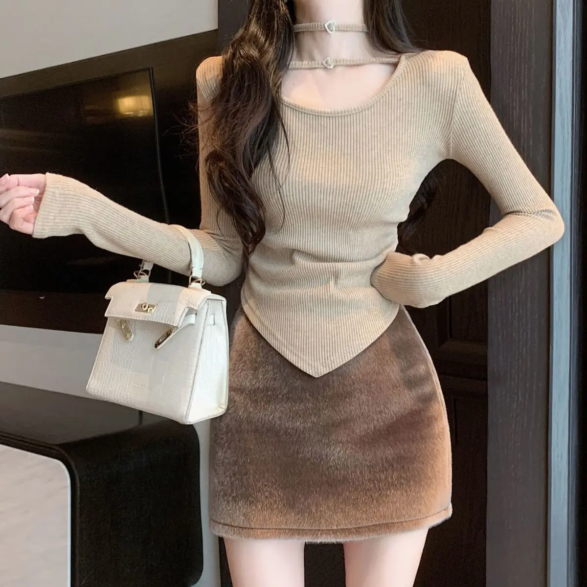 

Nice Female Korean Irregular Solid Color O-neck Long Sleeve Pullovers Autumn New All-match Knitting Slim Top Tee Women Clothing