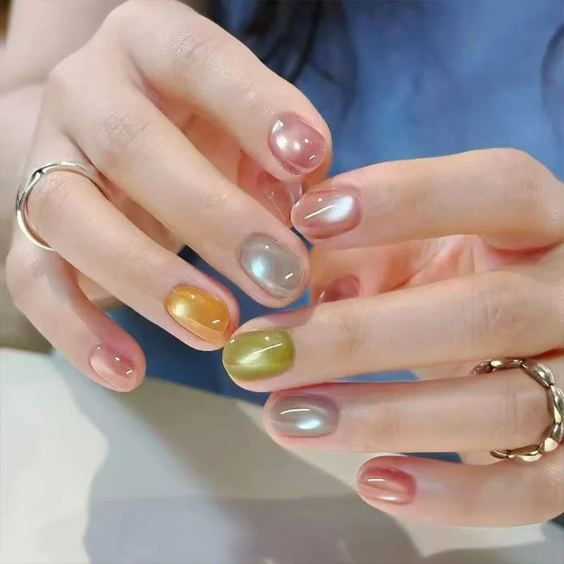 30pcs Candy Colors Fake Nails Spring/Summer Cat-Eye Niche Press on Nail Short Oval False Nail for Women&Girl Fake Nail Art