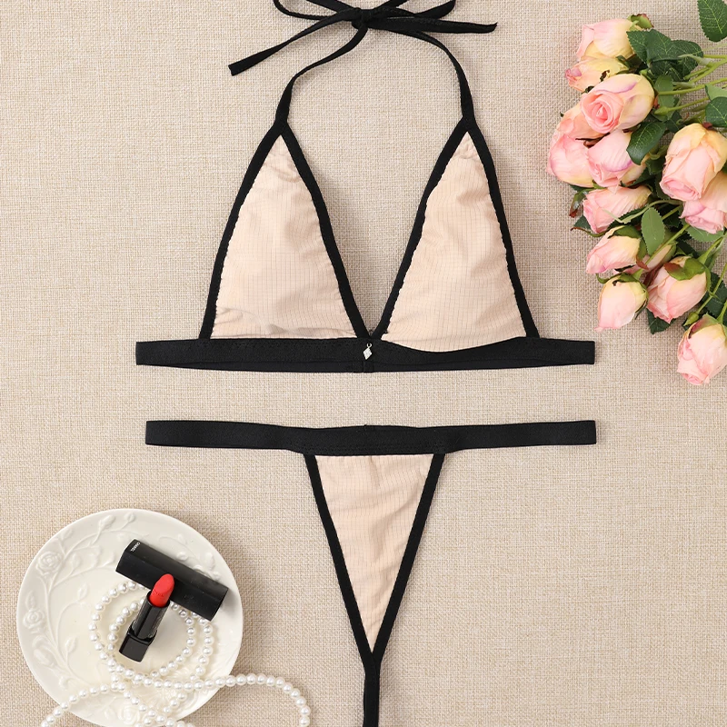 Traje de baño liso para mujer, conjunto de Bikini con sujetador y Tanga, sin almohadilla, lencería Sexy sin aros