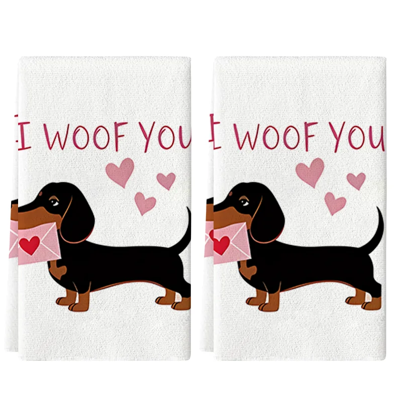 2Pcs, Valentine's Day Love Letter Dachshund Confession Kitchen Towel, 40Cm*60Cm Towel Set, Super Absorbent Soft Cleaning Cloth, Cooking and Baking Tea Towel, Hand Towel, Cleaning Cloth, Dishwashing Cloth, Kitchen Decoration, Living Room Decoration, Kitchen Essentials, Home Essentials