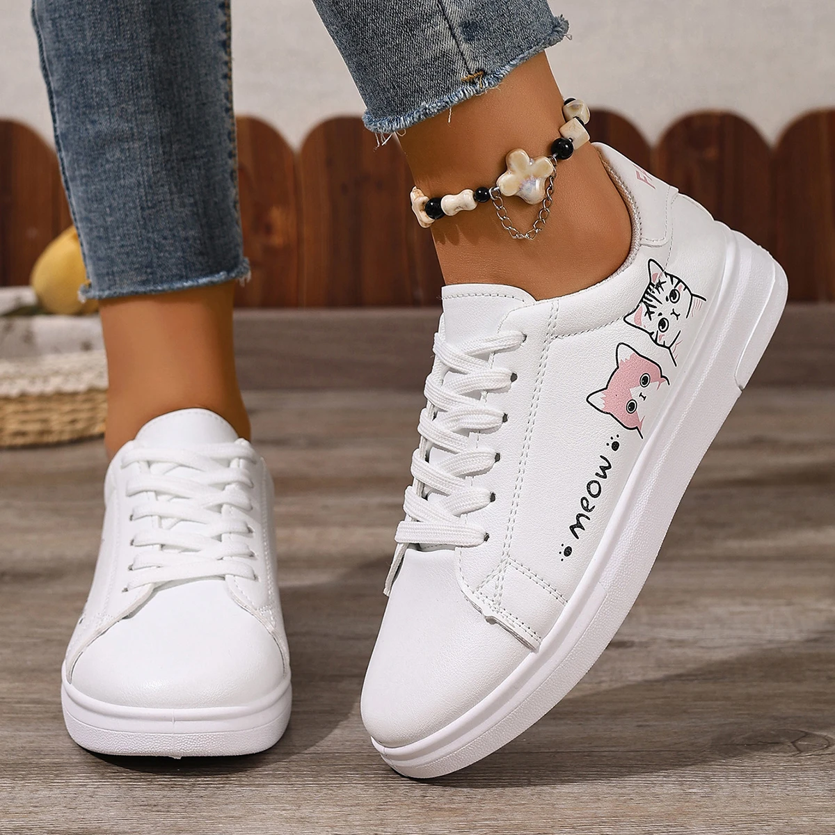 Women Sneakers Fashion Breathble Vulcanized Shoes Fashion Cute Cat Cartoon Lace Up Casual White Women‘s Shoes