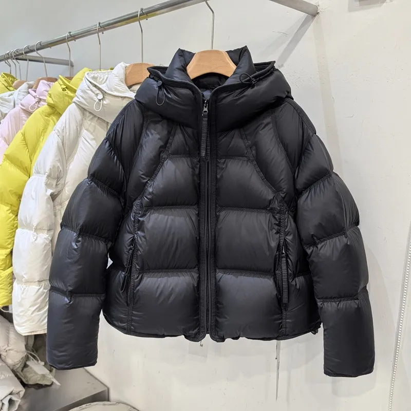 2026 Kurze Weiße Daunenjacke mit Kapuze für Damen, Warme Winterjacke, Kurze Pufferjacke mit Kapuze