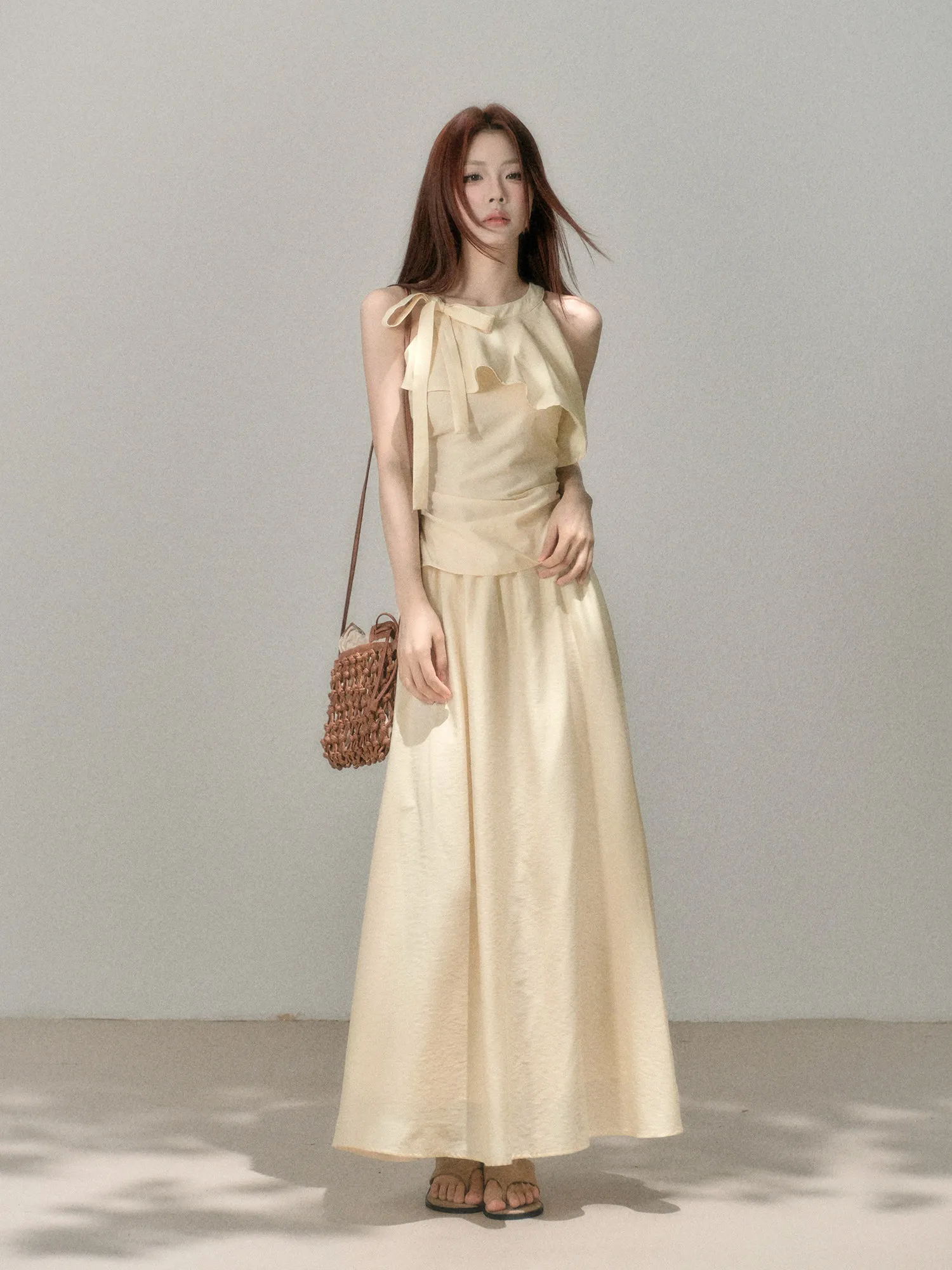 

New Fashion Summer 2 Piece Set Women Irregular Sleeveless Lace-up Ruffles Top + Elastic A-line Skirt Solid Color Women's Suit