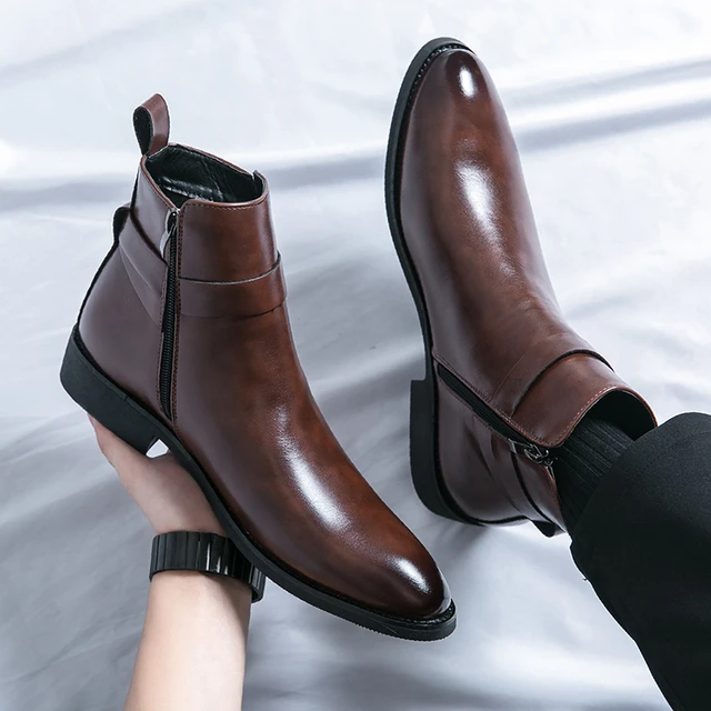 High quality New Men Ankle Boots Men s Side Zipper Brown Black Classic Business Casual Fashion Party Personality Buckle Men Shoe AliExpress