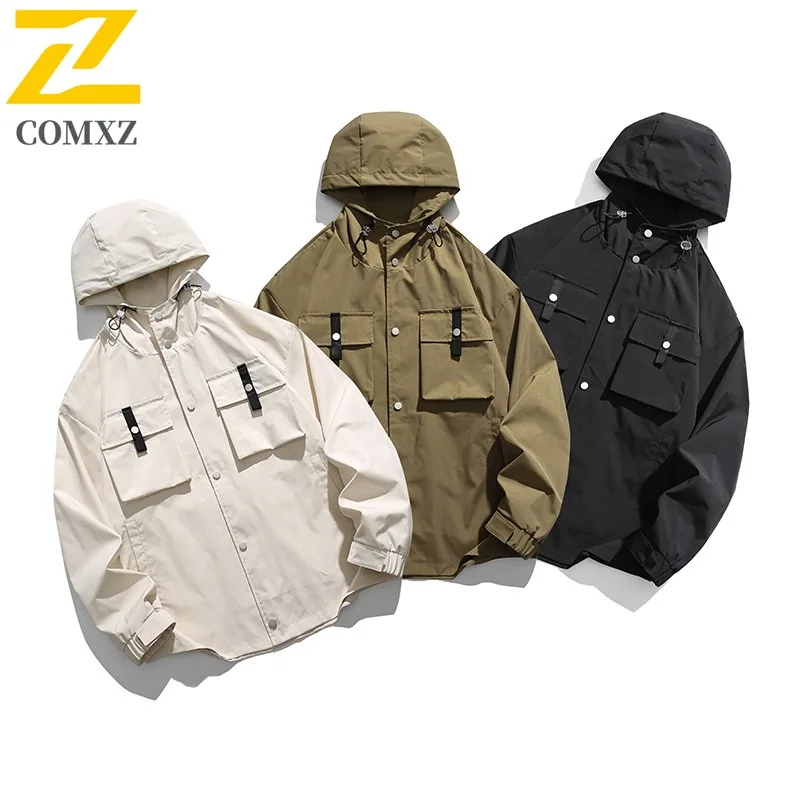 

COMXZ Men Jacket Hooded Collar Outdoor Camping Lightweight Motorcycle Coat Luxurious Button Placket Design Windproof Autumn Wear