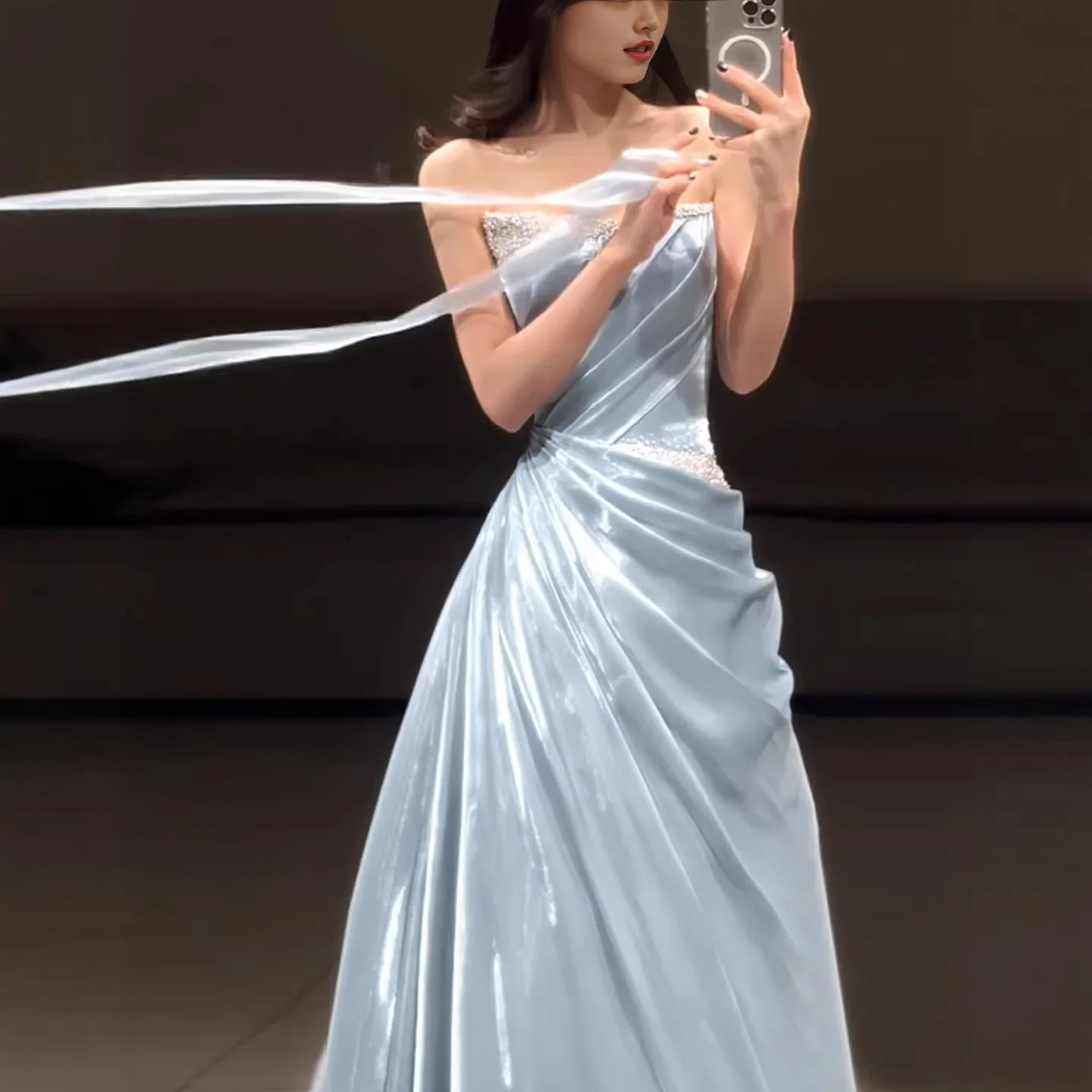 Tube Top Evening Dress Temperament Ladies Banquet Host Advanced Texture Satin Toast Dress Beautiful Morning Gowns Women