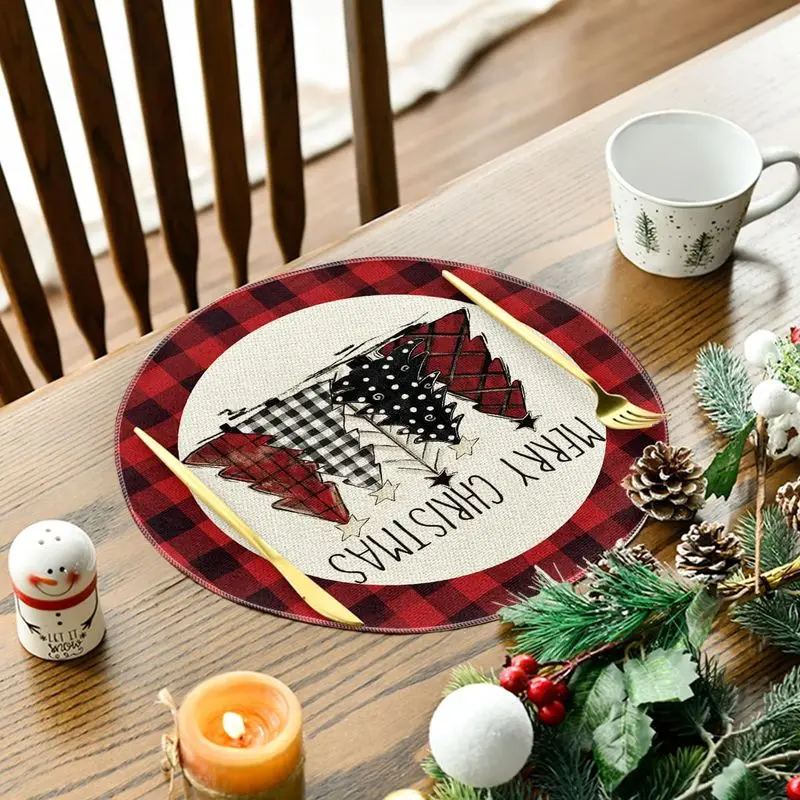 VIKAMA Round Red Buffalo Plaid Christmas Placemats Xmas Tree Merry Christmas Dining Table Home Kitchen Holiday Decor