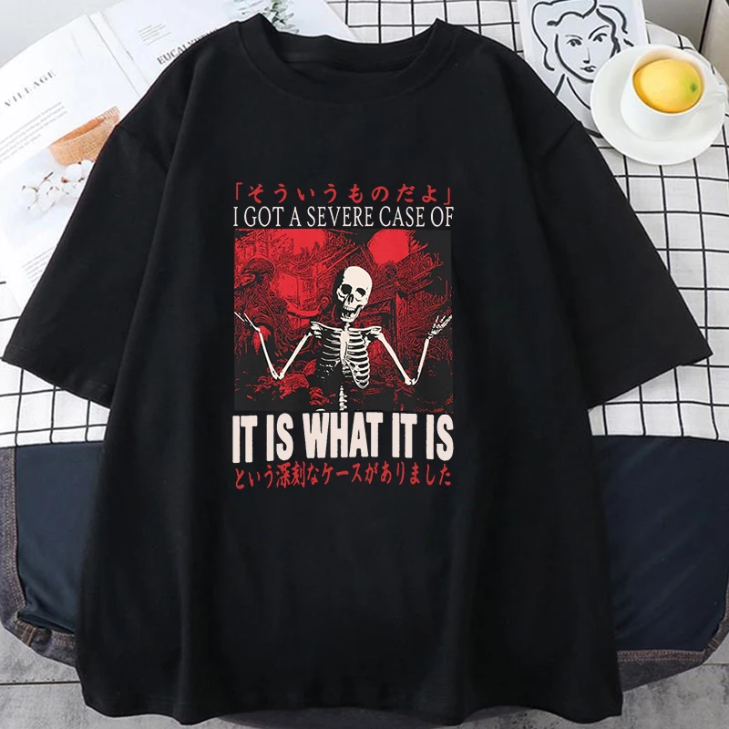 New It Is What It Is Skeleton Japanese Print T-shirts Men Women Summer Cool Short Sleeve Neutral Casual T-shirts Round Neck Tops