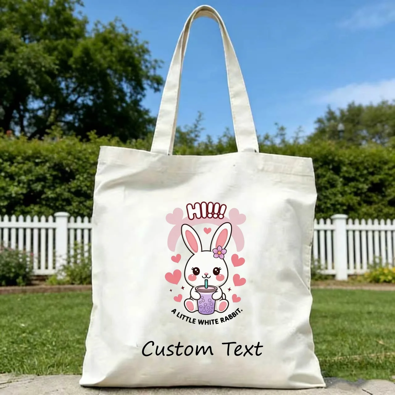 1PC Custom Canvas Tote Bag Cute White Rabbit Drink Bubble Tea Print Custom Text Eco Reusable Shopping Shoulder Handbag