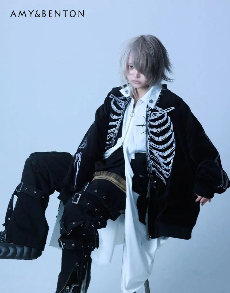 Subculture Dark Punk Embroidered Velvet Baseball Jacket Japanese