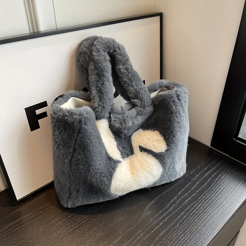 2024 New Arrival Cartoon Rabbit Pattern Plush Tote Bag Kawaii Faux Fur Shoulder Bag, Autumn And Winter Fluffy Handbag For Women