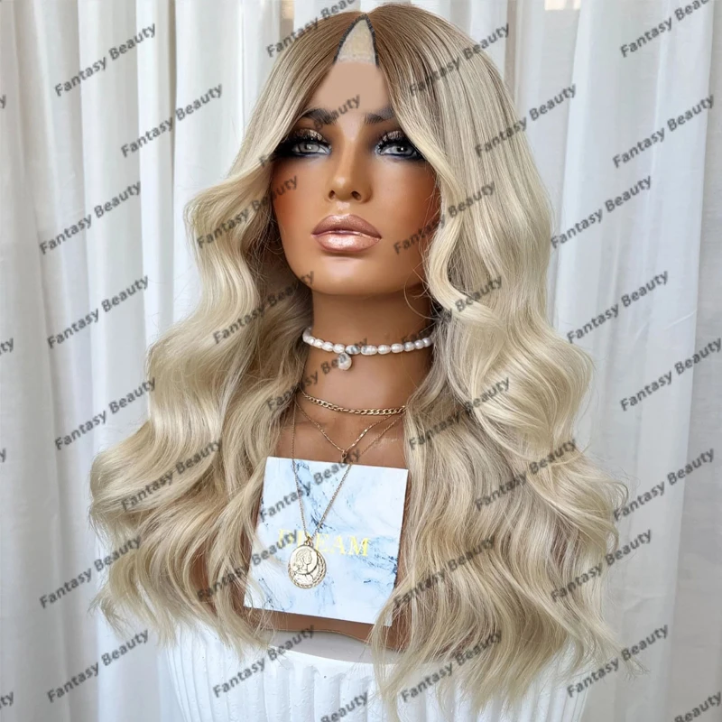 Curto corpo onda peruca com ajustável Médio V Parte, U Parte Perucas, Glueless, U Parte, Brown Raízes, Platinum Blonde, 180 Densidade, desgaste diário, Top Quality