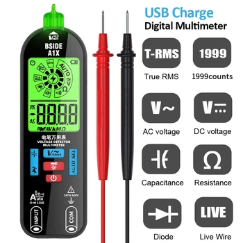A1X USB ชาร์จมัลติมิเตอร์แบบดิจิตอล True RMS DC AC เครื่องทดสอบแรงดันไฟฟ้า Capacitance Ohm Hz ไดโอด Hz ความต่อเนื่อง NCV Live Tester