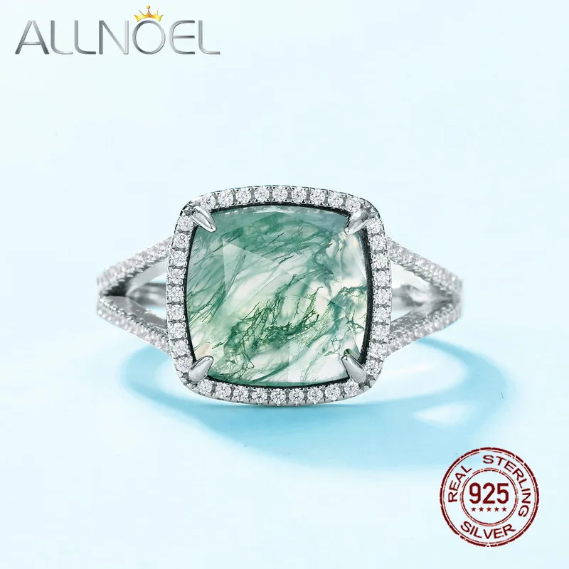 

ALLNOEL 925 Sterling Silver Natural Cushion Cut 10x10mm Green Moss Stone Finger Ring for men Simple Aquatic Agate Charm Jewelry