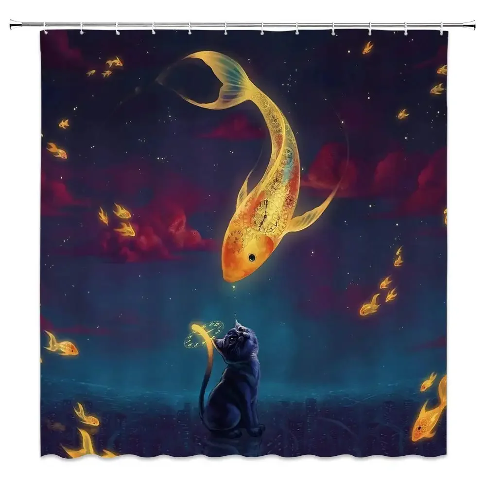 Funny Fantasy Koi Fish Cool Cat Shower Curtain, Magical Animals Fairy Tale Fun Cartoon Art Waterproof Fabric Bathroom Decor Sets