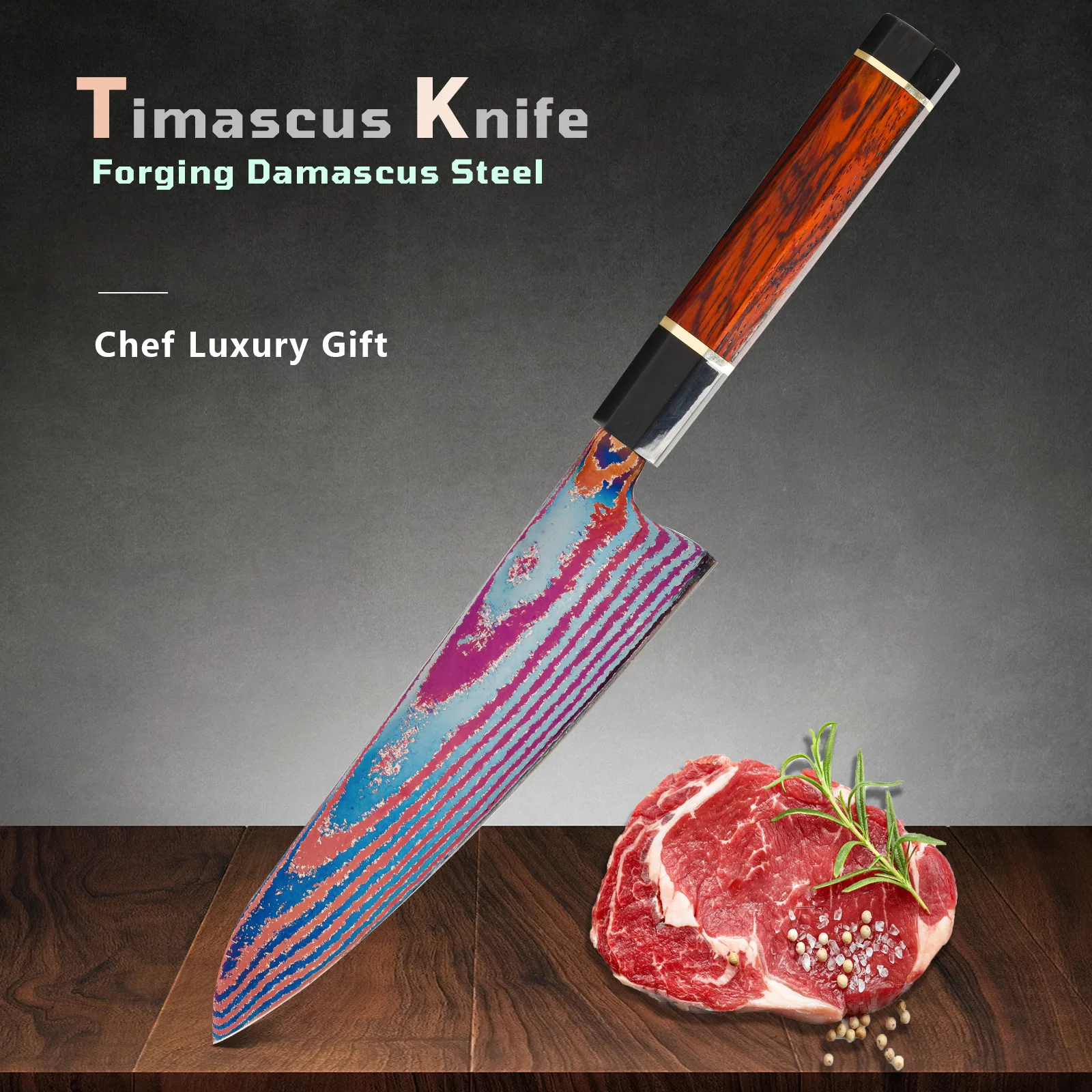 Timascus Damascus knife kitchen knife Titanium Damascus steel chef knife