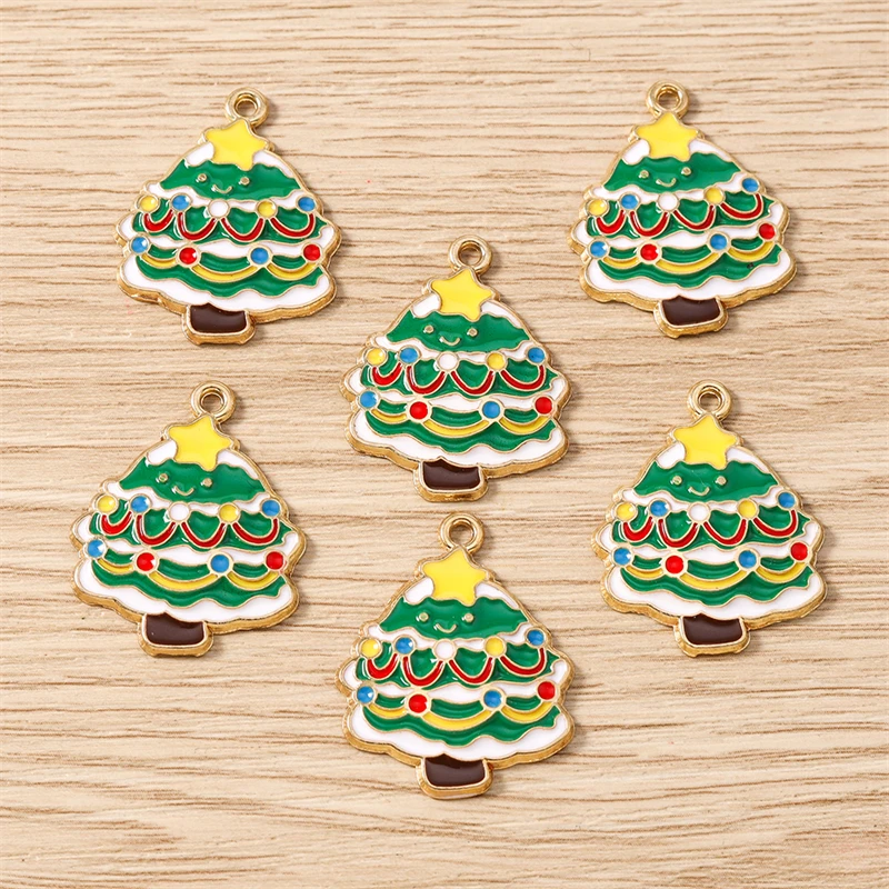 10 Stück 22x28mm Niedliche Emaille-Weihnachtsbaum-Anhänger für Schmuckherstellung, Halsketten, Ohrringe, Armbänder, DIY-Bastelzubehör – Detail 5