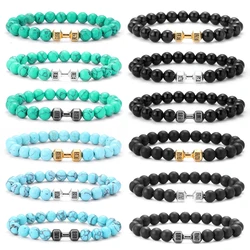 Natural Volcanic Stone Bracelet Men Matte Black Lave White Beads Charm Dumbbell Strand Bracelets Women Barbell Fitness Jewelry