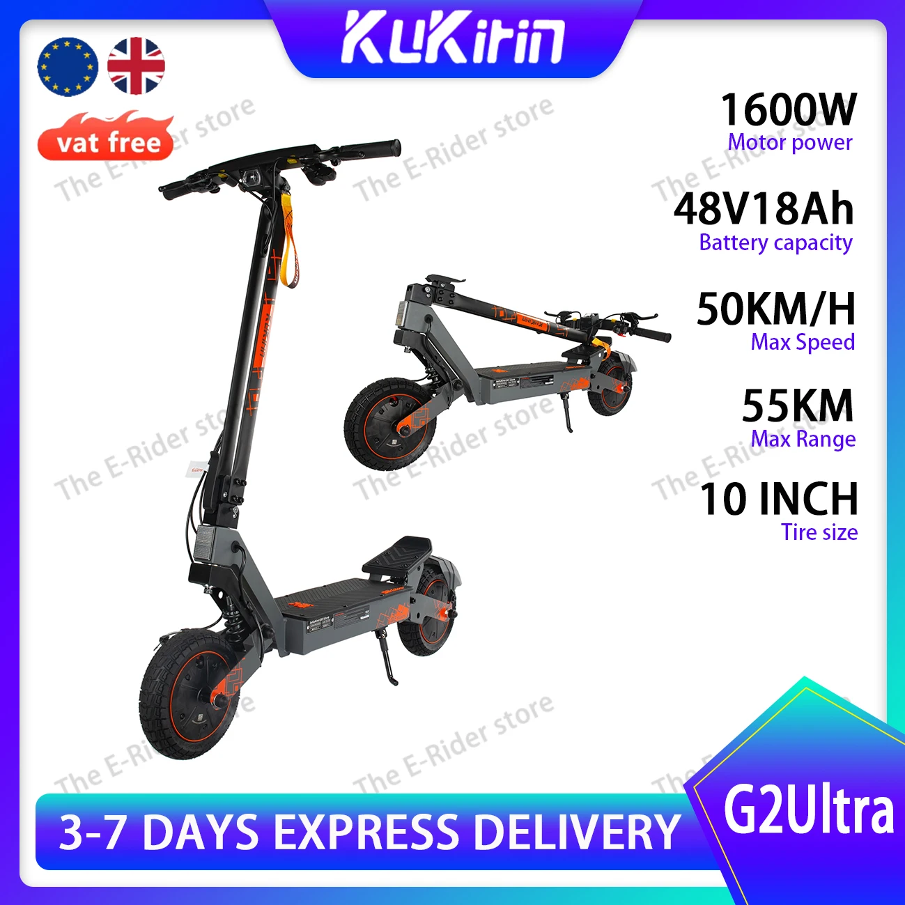 Kukirin G2 Ultra E-Scooter, 1600 W, 48 V, 8 Ah, 50 km/h, 55 km Reichweite, 10-Zoll-Reifen, faltbarer Elektroroller für Erwachsene