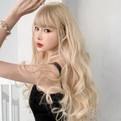 NAMM Costume Wig High Density Synthetic Loose Wave Blonde Wig for Women Heat Resistant Light Brown Hair Wig with Neat Bangs