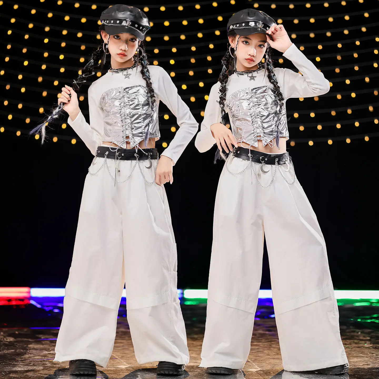 

Групповой костюм для девочек в стиле хип-хоп, блестящие укороченные топы, камуфляжные штаны-карго, детские комплекты одежды для танцев K-pop Jazz Stree, детская уличная одежда