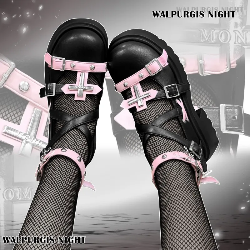 

Night Of The Witch Lolita Gothic Girl Одиночные туфли в стиле панк с круглой головкой и толстой подошвой из бисквита Y2k Женские туфли на высоком каблуке с заклепками