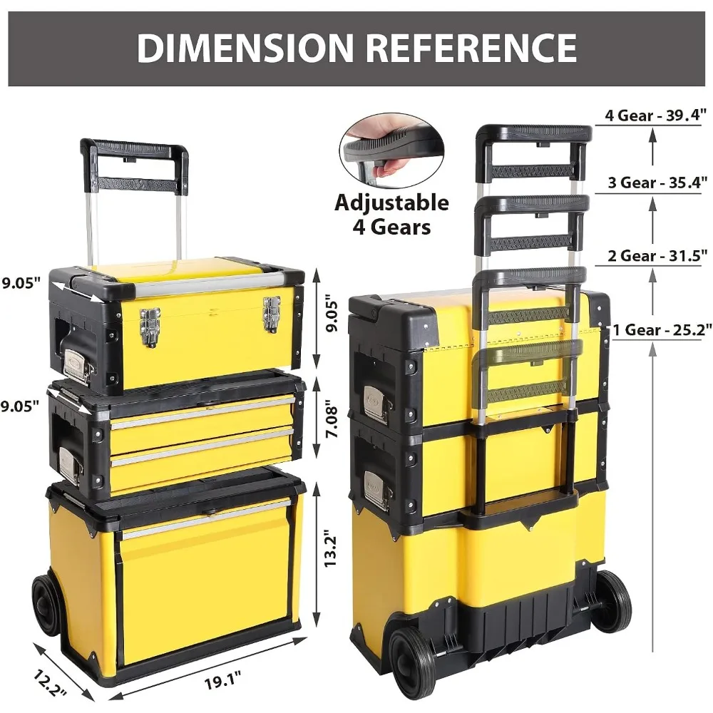 Stackable Rolling Tool Box Portable Metal Toolbox Organizer with Wheels and 2 Drawers Separate Rolling Upright Trolley