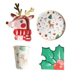 8/10Pcs Christmas Deer Disposable Tableware Set Canvas Elk Paper Plate Merry Christmas Kids Favor Decorating Happy New Year 2024