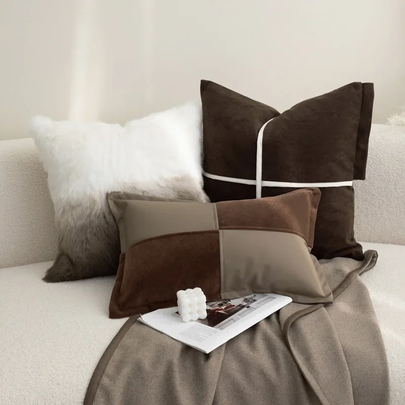 Oriel Stripe Patchwork Lumbar Pillow Case Brown And Taupe Color Block Cushion Cover Modern Italian Home Sofa Bed Decor