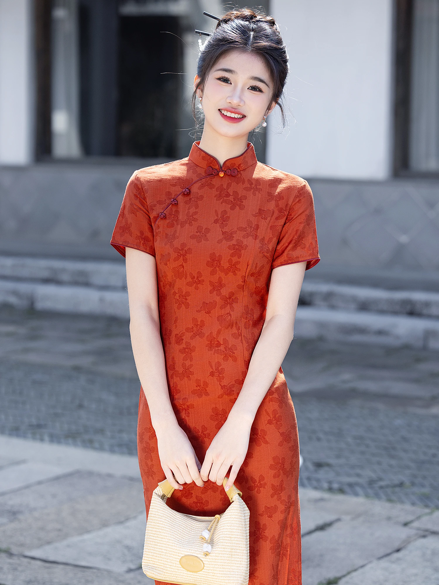 

Ele New Chinese Sle Wedding Dr ort Sve Midi Qipao for Engagement Daily Wear Retro Pattern Simple And Subtle