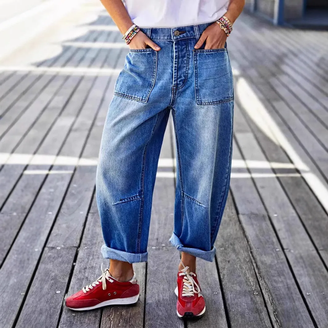 Y2k Jeans Women Baggy Wide Leg Denim Pants Mid Waist Washed Cotton Denim Jeans High Waist Cropped Blue Jeans Pants Cuffed Hem